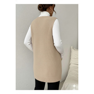 Gilet en tricot sans manches pour femme avec poches, beige, taille S M XL, longueur 85 cm - Product Image 1