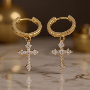 Pendientes de Aro con Cruz Dorada E683 con Cristales de Estrás Engastados, Religiosos, Unisex, para Uso Diario - Product Image 2