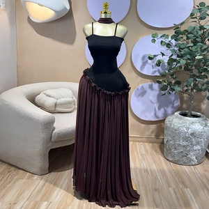 เดรสแม็กซี่จับจีบแต่งระบายสีตัดกันสำหรับผู้หญิง - เดรสสายเดี่ยวแบบเป็นทางการ แต่งผ้าแบบ Patchwork แฟชั่น - Product Image 4