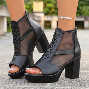 Botines de mujer con punta abierta, de malla, con tacón alto de bloque y plataforma, cremallera trasera, estilo sandalia con recortes, para verano - Product Image 2