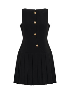 Vestido Mini Negro Sin Tirantes con Falda Plisada y Botones Dorados, Estilo Elegante para Fiesta, Tejido Entrecruzado, Sin Mangas - Product Image 1