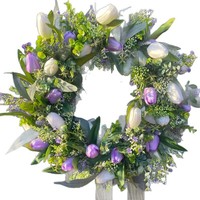 Karangan Bunga Tulip Musim Semi Buatan, Tulip Ungu Putih, Daun Eucalyptus, Karangan Bunga Daun Campuran untuk Dekorasi Pintu Depan Rumah Gaya Farmhouse