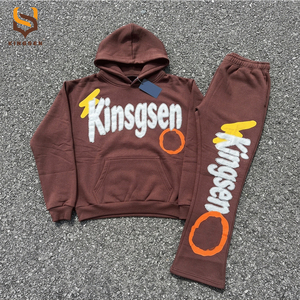 Custom 3D Embroidered Patch Sweatsuits Fleece Tracksuit Set <b>Oversized</b> Cotton Joggers Flared <b>Sweatpants</b> and Hoodie Set Men - Product Image 1