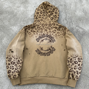 High Quality Leopard Print Zipper Hoodie Distressed Zip Jacket Oversized French Terry Cotton Custom Acid Wash Zip up Hoodie - Product Image 2