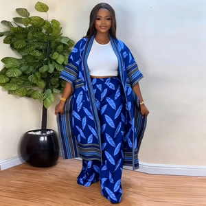 Nouvel <span class=keywords><strong>ensemble</strong></span> printemps 2026 pour femmes africaines, style européen et américain : cardigan imprimé bleu et <span class=keywords><strong>pantalon</strong></span> ample à jambes larges - Product Image 1