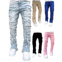 Jean déchiré délavé à taille mi-haute pour homme, coupe bootcut empilée multicolore, style streetwear, OEM/ODM disponible