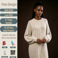 Robe pull élégante à col rond en maille torsadée, manches raglan, style tunique, couleur avoine, avec manches ballon épaisses pour femme