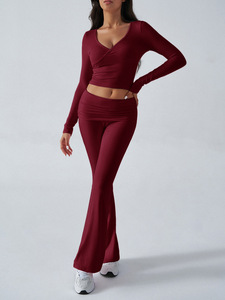 Nouvel ensemble 2 pièces côtelé pour <span class=keywords><strong>femme</strong></span> : haut court à manches longues et pantalon évasé taille haute – Tenue décontractée et confortable - Product Image 3