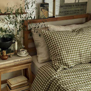 100% Bio Gingham Leinen Set Designer Bett garnituren Queen King Sheet Set Stein gewaschen Gingham Französisch Flachs Leinen Versorgung gewebt OEM 14 - Product Image 5
