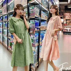 YiXin 2022 Pakaian Wanita Linen dan Katun Padat Midi Leher Lotus Desain Pakaian Produsen Pakaian Baju Korea Kustom