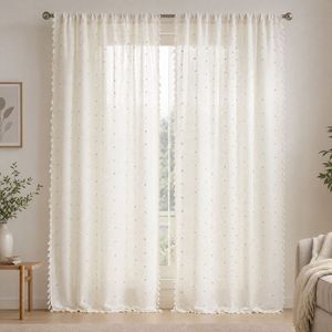 COSENNATUR Rideau en gaze de polyester avec passe-tringle et franges à pompons, motif à pois texturés, filtrant la lumière, vente en gros - Product Image 4