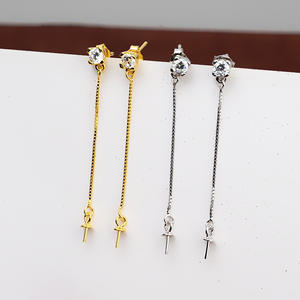 Boucles d'oreilles pendantes fines pour femme en argent S925, avec long pendentif à 5 perles et incrustation de perles, nouveau modèle 1377, accessoires DIY, support vide - Product Image 4