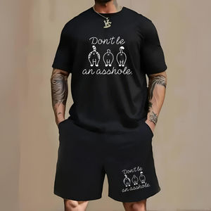 Conjunto de 2 piezas para hombre con estampado divertido de trasero de animal y la frase 'Don't Be An-Asshole', compuesto por camiseta oversize y pantalones cortos con cordón. - Product Image 2