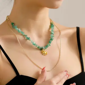 Statement Designer Gold Plated Emerald Natural Stone Bead Layer Chain Flower Pendant Necklace for Women Fashion Jewelry