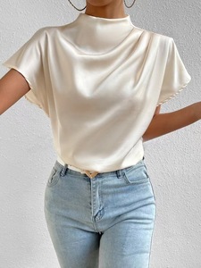 Camiseta de satén de verano para mujer, top holgado con fruncido en el hombro izquierdo y cuello corto, ¡novedad de gran venta! - Product Image 2