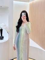Robes longues décontractées pour femmes OUDINA, haut de gamme, vente en gros, automne, élégantes, col en V, manches longues, à rayures, tricotées, à simple boutonnage