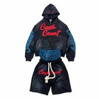 Hoodie court zippé pour femme, motif imprimé vieilli, coupe oversize, ensemble short de survêtement en coton, streetwear de haute qualité