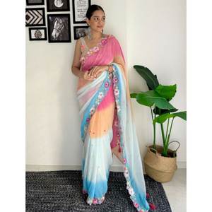 Sari Tradicional Indio de Georgette Sintética, Hermoso Diseño, Lavable, Calidad Premium, para Mujer, para Fiestas y Bodas - Product Image 1