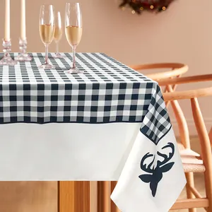 黒と白のチェック鹿の頭のデザインクリスマススタイルのテーブルクロスポリエステル綿素材のテーブルクロス