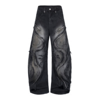 Jeans unisexe rétro patchwork pour hommes, taille haute, style cargo, effet usé, coupe ample, streetwear Y2K, en denim, vente en gros