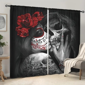 Rideau à deux panneaux personnalisable avec motif Trois Crânes Sages 'Ne voir, ne entendre, ne parler que du bien', noir, pour chambre à coucher et décoration intérieure - Product Image 4
