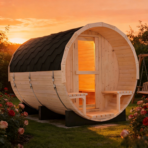 Sauna extérieur en forme de baril - Bois de pin blanc naturel, résistant aux intempéries, avec sièges intégrés - Product Image 4