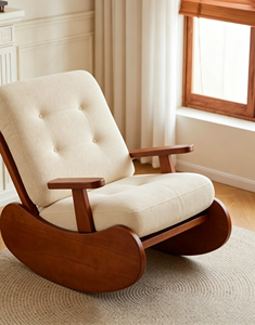 Sillón mecedora retro de madera maciza con otomana, conjunto de sillón reclinable tapizado en pana para sala de estar - Product Image 2