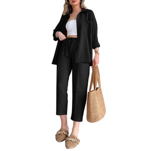 Ensemble deux pièces pour femmes, chemise décontractée unie ample et pantalon de sport Harlem, tendance automne - Product Image 2