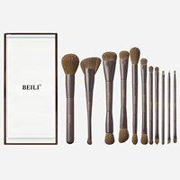 Ensemble de pinceaux de maquillage double extrémité manche en bois couleur marron chaud poils synthétiques extra doux fond de teint pinceaux à poudre marque privée