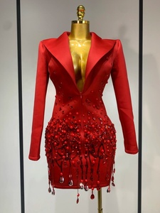 Nuevo <span class=keywords><strong>Vestido</strong></span> de <span class=keywords><strong>Fiesta</strong></span> <span class=keywords><strong>Rojo</strong></span> de Moda, <span class=keywords><strong>Vestido</strong></span> de Noche Elegante con Pedrería de Lujo, Cuello en V Profundo, Corte Entallado, Estilo Celebridad - Product Image 3
