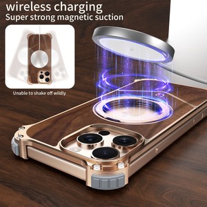 <span class=keywords><strong>Deluxe</strong></span> Drukknoop Titanium Frame Walnotenhout Telefoonhoesje Voor Iphone 14 15 16 Pro Max Met 360 ° Magnetische Standaard Schokbestendige Hoes - Product Image 5