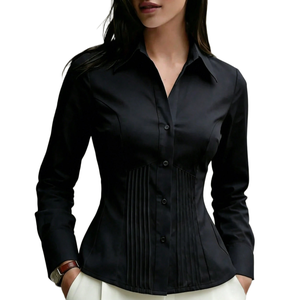 Blusa Corsé Elegante de Satén Negro para Mujer, <span class=keywords><strong>Camisa</strong></span> de Manga Larga con Botones y Detalle de Pliegues Delanteros para Oficina y Negocios - Product Image 1