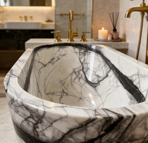 Baignoire autoportante en marbre naturel moderne, design ovale avec drain, pour hôtel et salle de bain - Product Image 4