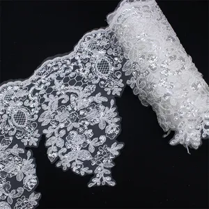 High Quality Bridal Veil Fancy White Border Sequins With Voile Lace Mesh Lace Polyester Embroidery Wedding Lace Trim