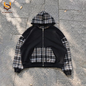 เสื้อฮู้ดซิปผ้าฝ้ายคุณภาพสูง 100% ลายสก็อตแบบกลับด้านได้ ทรงโอเวอร์ไซส์สำหรับผู้ชาย สไตล์ดิสเทรส - Product Image 1