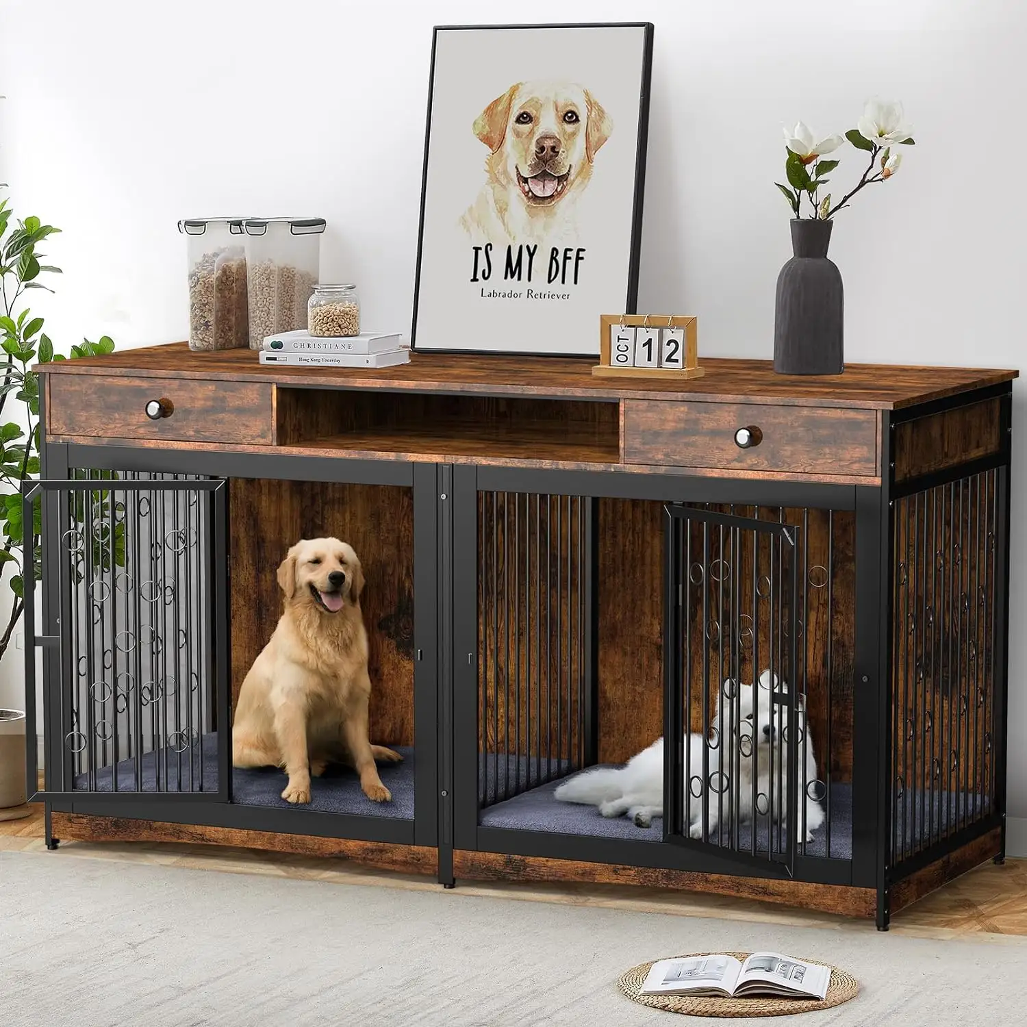 72.4 inch Popular Wooden Pet Kennel Large Sturdy Dog Crate Furniture with Storage