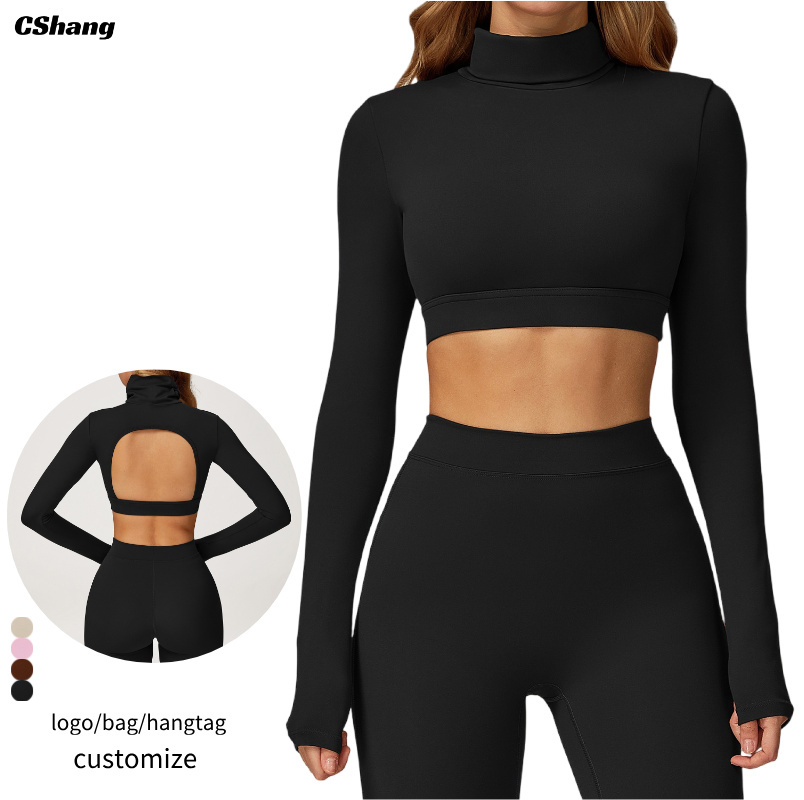 Breathable Lightweight High Neck Long Sleeve Sports T-Shirt Activewear Crop Top Built Bra Open Back Skinny Fit Women's Gym Yoga
