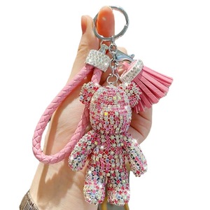 Fanhua Keychain Cute Teddy Bear Keychain Tassel Rope Lanyards Rhinestone Sparkly Car Bling Key Chain Luxury Bear Keyring
