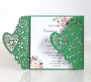 2023 New laser cut heart wedding invitations europe square green wedding card invitation