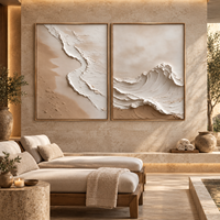 Lot de 2 tableaux en toile 3D relief beige sable, motif vague océanique, diptyque pour décoration de spa, hôtel, chambre et salon