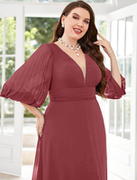Robe de soirée moulante en mousseline unie à col en V et manches trois quarts, grande taille, avec fermeture éclair au dos, pour demoiselle d'honneur