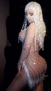 Jupe en maille à paillettes et perles, jupe fendue sexy pour femmes, <span class=keywords><strong>robe</strong></span> moulante pour soirée d'anniversaire, soirée de <span class=keywords><strong>bal</strong></span>, tenue de danseuse de boîte de nuit, tenue de scène - Product Image 3