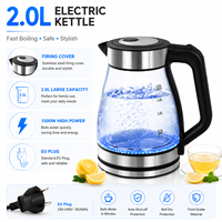 Bouilloire électrique en verre 2,0 L 1500 W avec lumière LED bleue, verre transparent, prise EU, fabricant d'usine, personnalisation OEM ODM, vente en gros