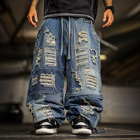 DiZNEW Jeans Baggy Homme Personnalisés Effet Vieilli, Denim Lourd Déchiré et Patchwork, Coupe Large, Style Y2K Grunge, Jeans Empilés
