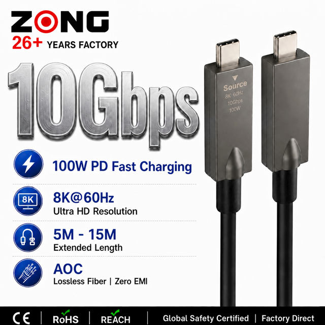 AOC Full-Feature C to C USB Type-C Fiber Optic Long Distance High-Speed 10Gbps 100W PD 8K Video Charging Cable 5M/15M