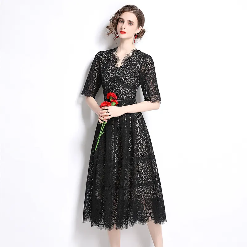 New Arrival Elegant Lady Fashion Short Sleeve V Neck Crochet Long Black Lace Dress