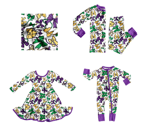 Custom New Mardi Gras Bows Print Boutique Sister Matches Trajes para niños Vestido informal Mameluco para niños pequeños Ropa de bebé al por mayor - Product Image 1