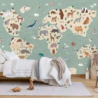 Mural Personalizado del Mapa del Mundo con Animales, Panel de Pared de Tela No Tejida de PVC, Murales Educativos para Decoración de Paredes para Cuartos de Niños, Aulas y Salas de Juego