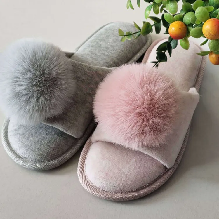 Sandal dalam ruangan wanita, jari terbuka Musim semi musim gugur sandal wanita rambut kelinci imitasi beludru