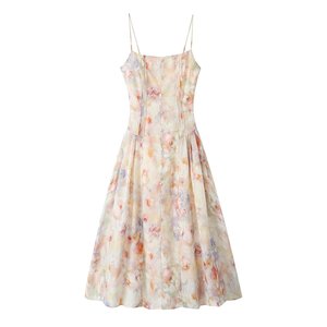 French Style Floral Print Halter Maxi Dress with Fitted Waist Pleated Skirt Chiffon A-Line Silhouette for Summer Vacation Wear - Product Image 1